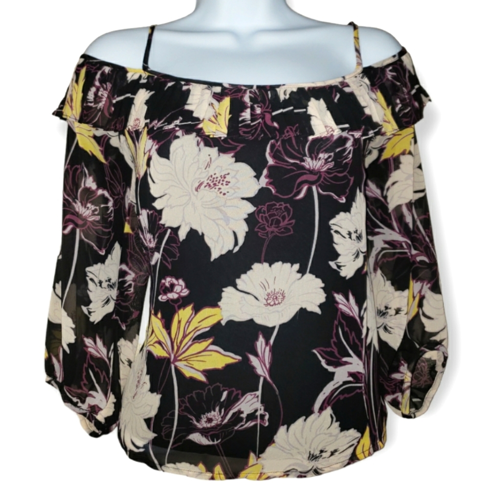 NWT Ella Moss black purple & yellow floral cold shoulder blouse top Womens Large